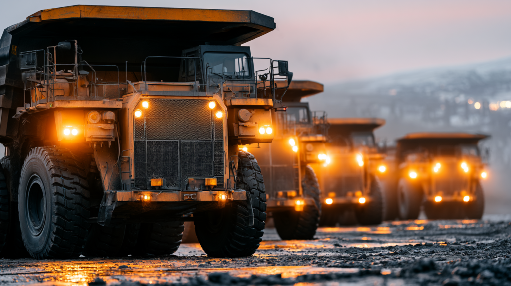 row of mining trucks on a mining truck
