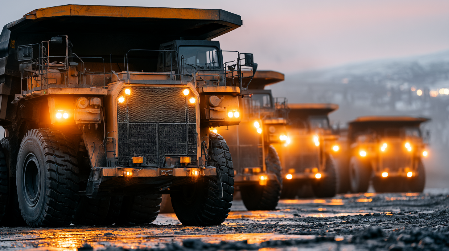 row of mining trucks on a mining truck